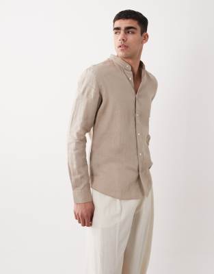 Mango 100% Linen Mao Neck Log Sleeve Shirt In Neutral