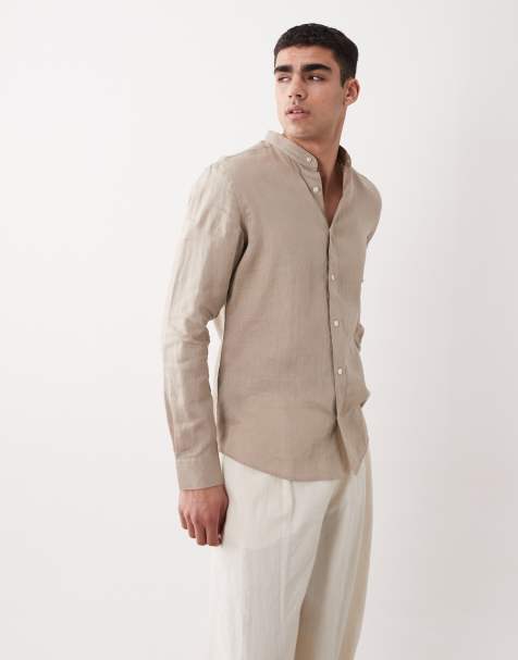 Mango 100% linen mao neck log sleeve shirt in beige - view 1