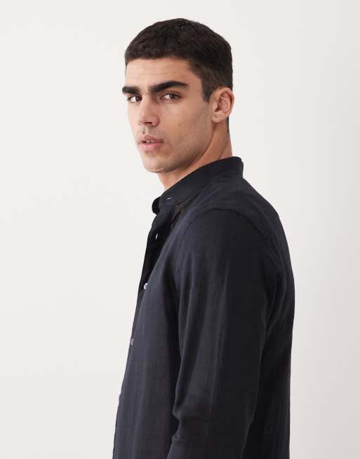 Mango 100% linen mao neck log sleeve shirt in navy, 4 of 5