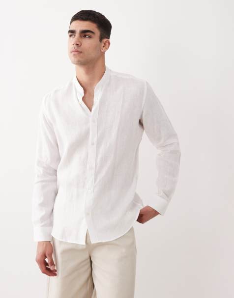 Mango 100% linen mao neck log sleeve shirt in white - view 1