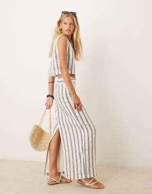 Mango Mango 100% linen maxi skirt co-ord in mono blue stripe-White
