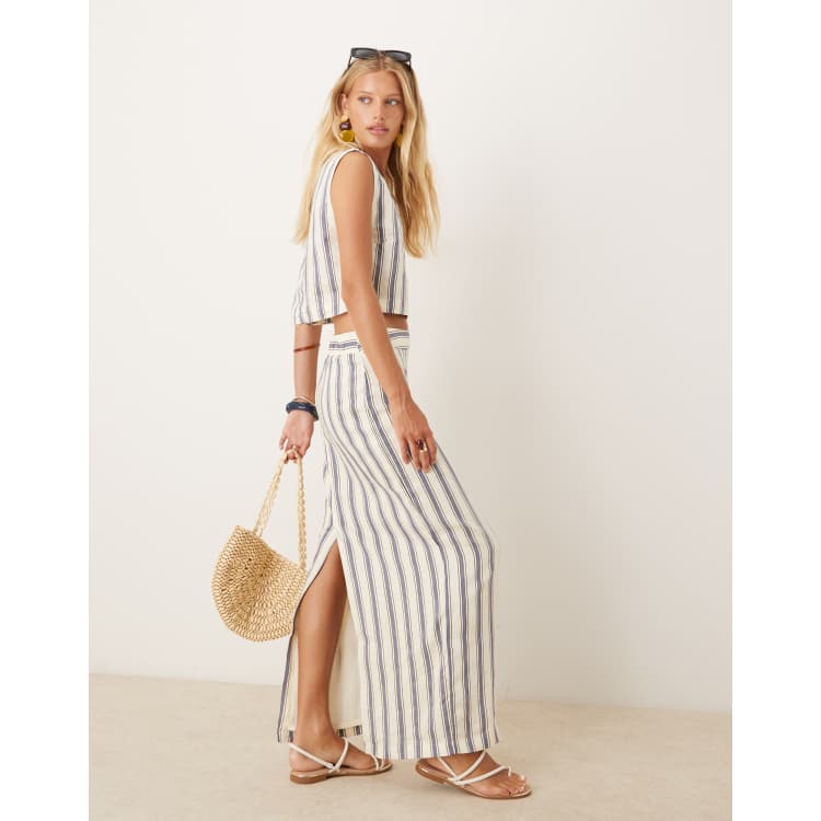 Mango 100% linen maxi skirt in mono blue stripe - part of a