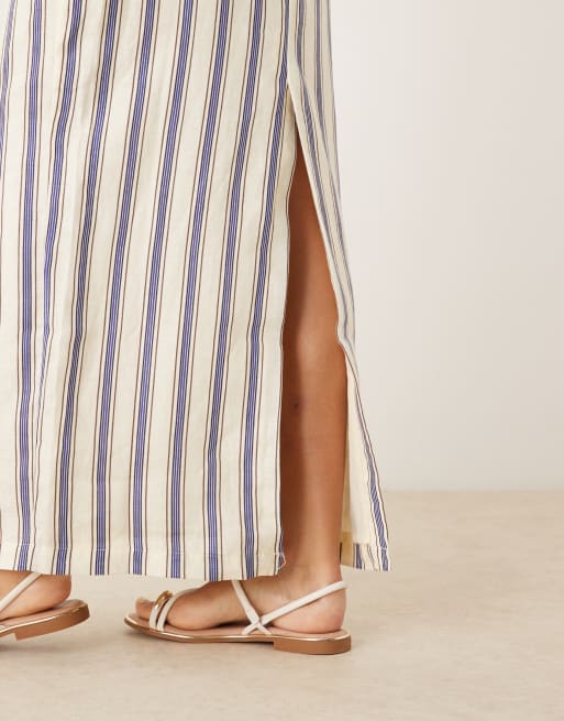 Mango 100% linen maxi skirt in mono blue stripe - part of a
