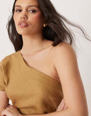 Mango 100% Linen One Shoulder Midi Dress With Ruched Waist