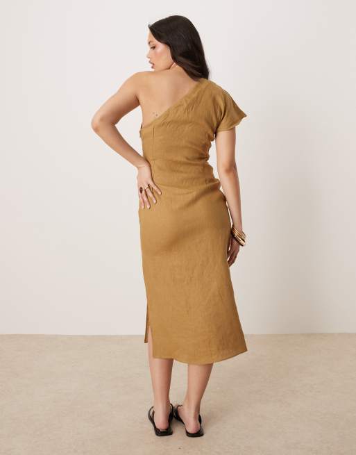 Mango 100% linen one shoulder midi dress with ruched waist in sand