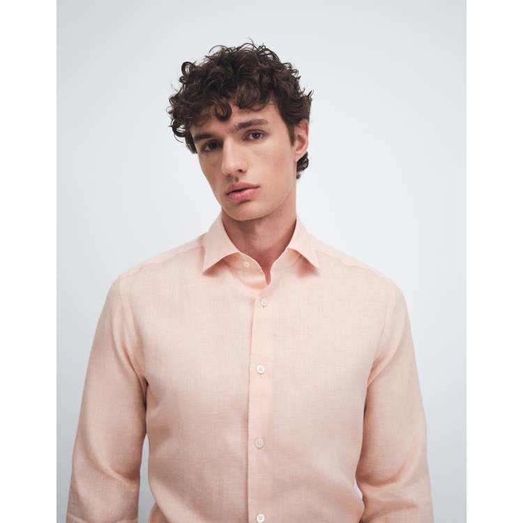 Mango 100% linen relaxed fit shirt in salmon | ASOS