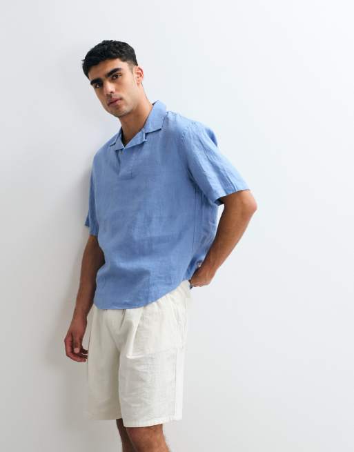 Mango 100% linen short sleeve shirt in pale blue, 5 of 5