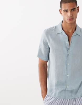 Mango 100% Linen Short Sleeve Shirt In Blue
