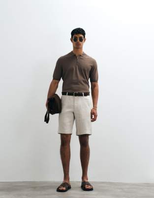 Mango 100% linen slim fit shorts in ecru-Neutral