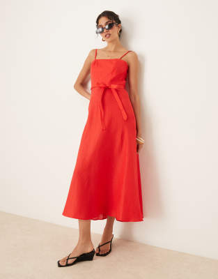 Mango Mango 100% linen square neck midi dress with belt detail in red