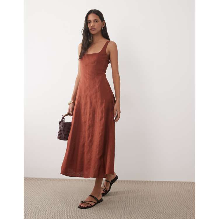 orange linen maxi dress Bright Orange Linen Maxi Dress Women, Sleeveless Dress With Pockets & Keyhole Back, Summer Outfit With Loose Fit Casual Style, Vacation Wear