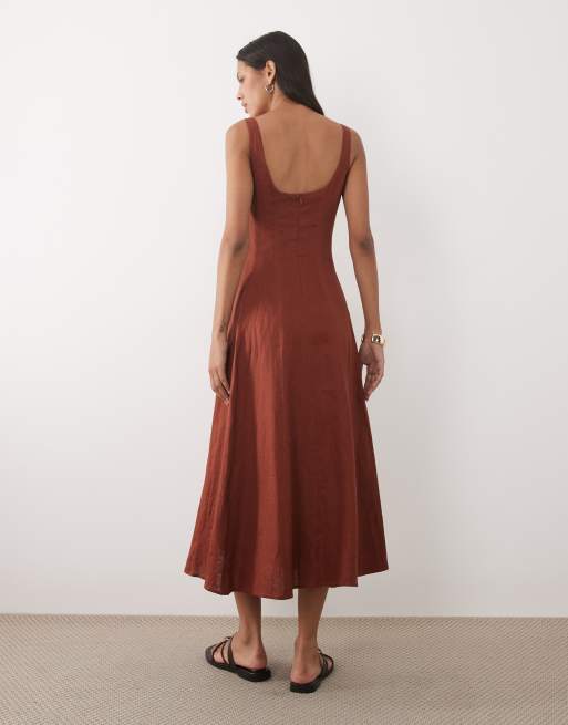 Mango 100% linen square neck sleeveless maxi dress in burnt orange, 4 of 4
