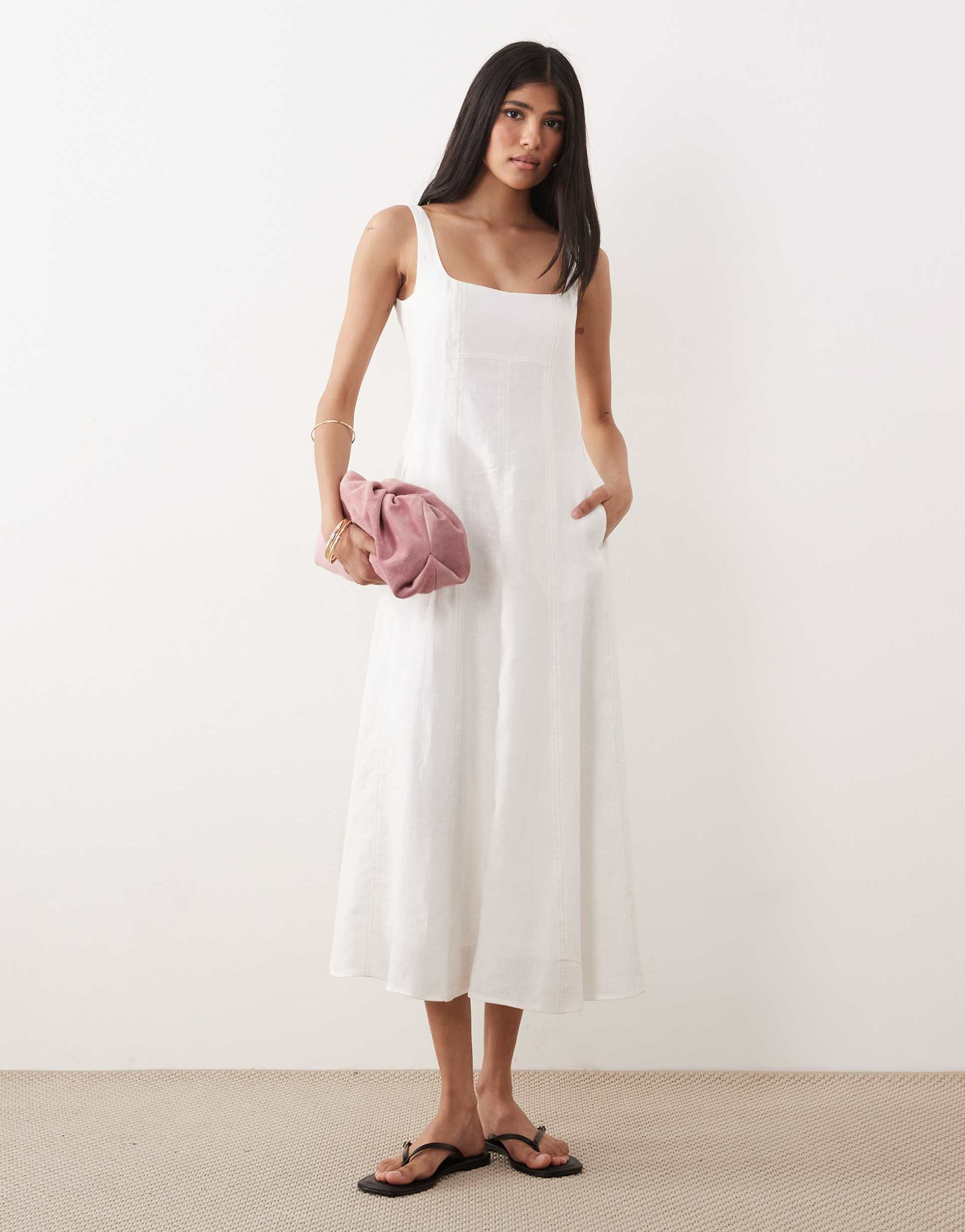 mango 100% linen square neck sleeveless maxi dress in white