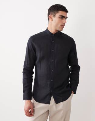 Mango 100 linen stand collar long sleeve shirt in navy navy 19290₽