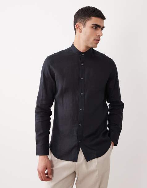 Mango 100% linen stand collar long sleeve shirt in navy - view 1