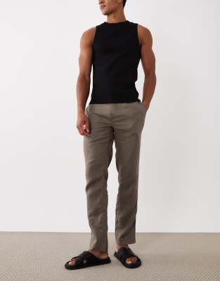 Mango 100% Linen Straight Fit Pants In Gray