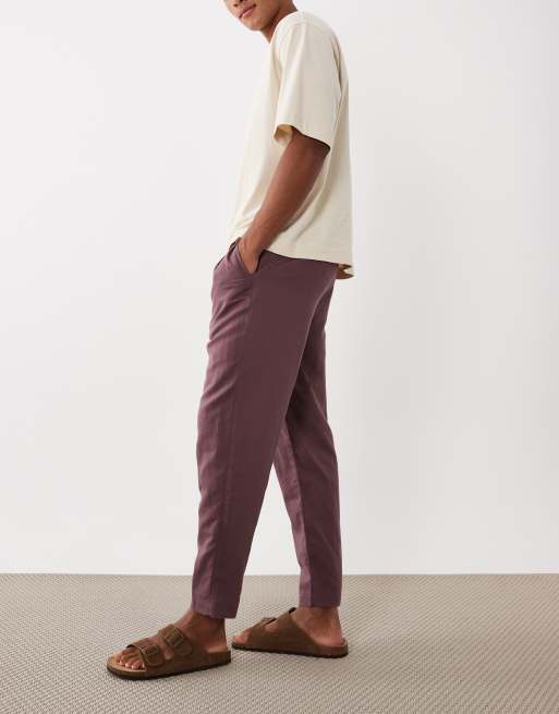 Mango 100% linen straight fit trousers in burgundy, 2 of 5