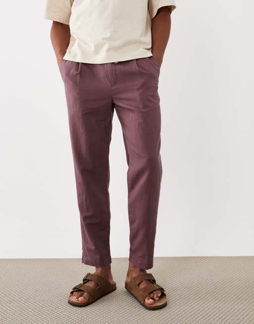 Mango 100% linen straight fit trousers in burgundy, 3 of 5