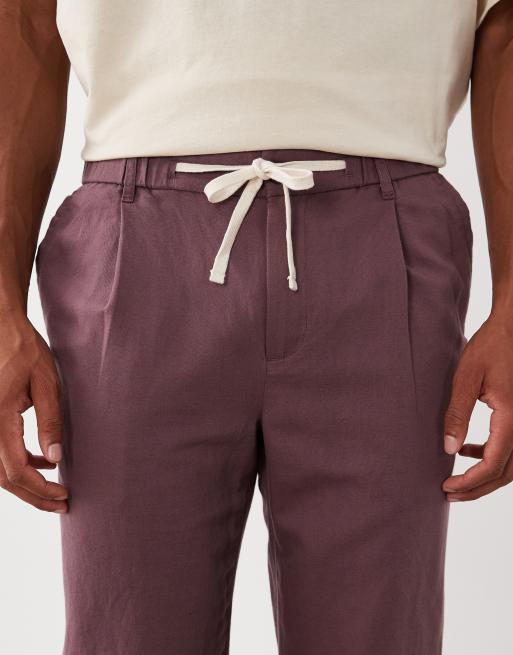 Mango 100% linen straight fit trousers in burgundy, 4 of 5