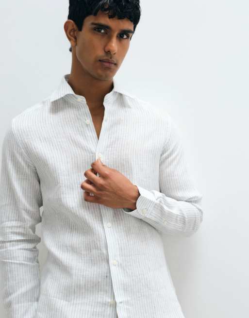 Mango 100% linen striped shirt in light blue, 3 of 5