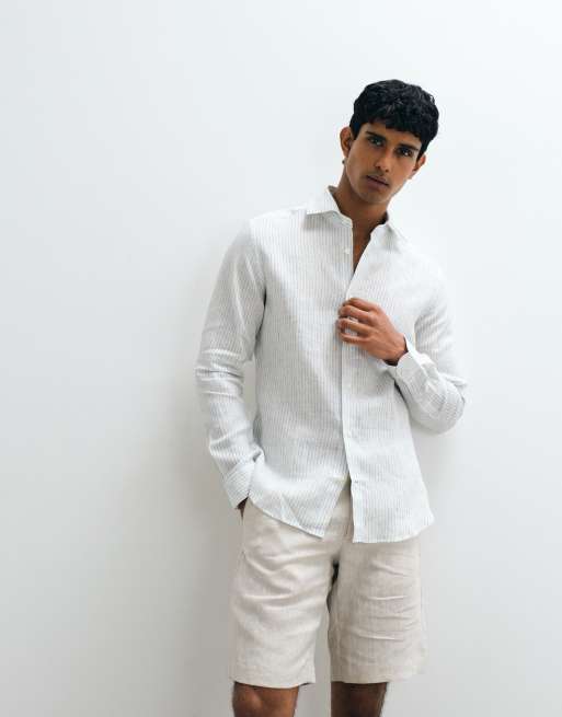 Mango 100% linen striped shirt in light blue, 4 of 5