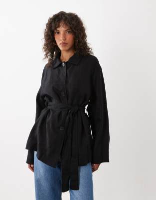 Mango 100% Linen Tailored Jacket With Belt Detail In Black
