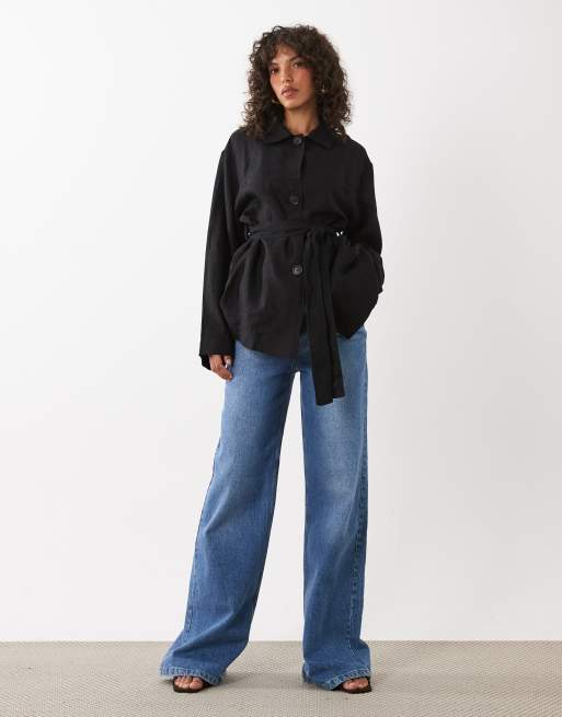 Mango 100% linen tailored jacket with belt detail in black, 2 of 4