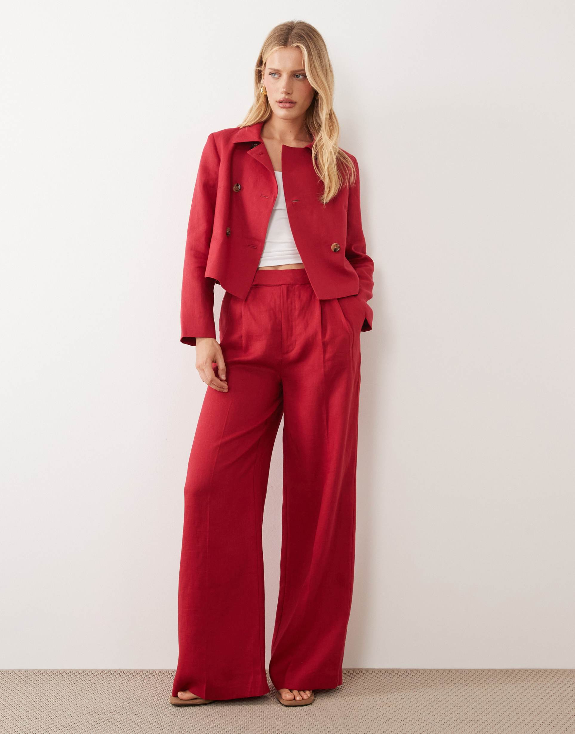 mango 100% linen tailored pants in bright red - part of a set