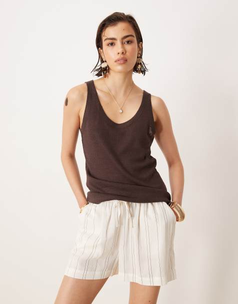 Mango 100% linen tank top in chocolate - view 1