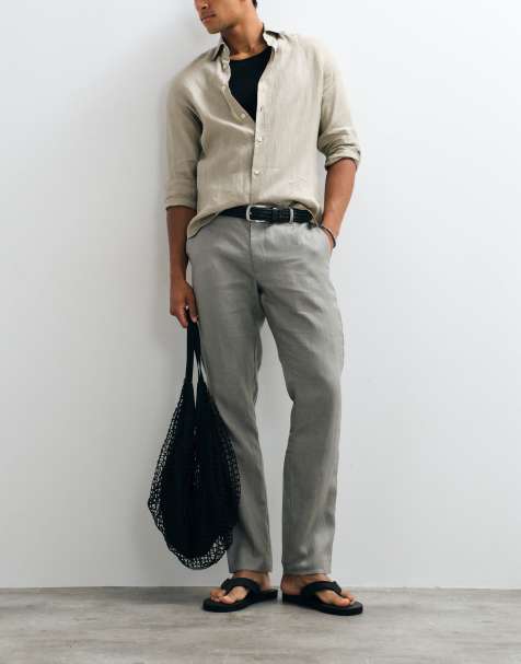 Mango 100% linen tapered trousers in stone grey - view 1