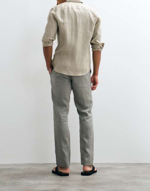 Mango 100% linen tapered trousers in stone grey, 2 of 5