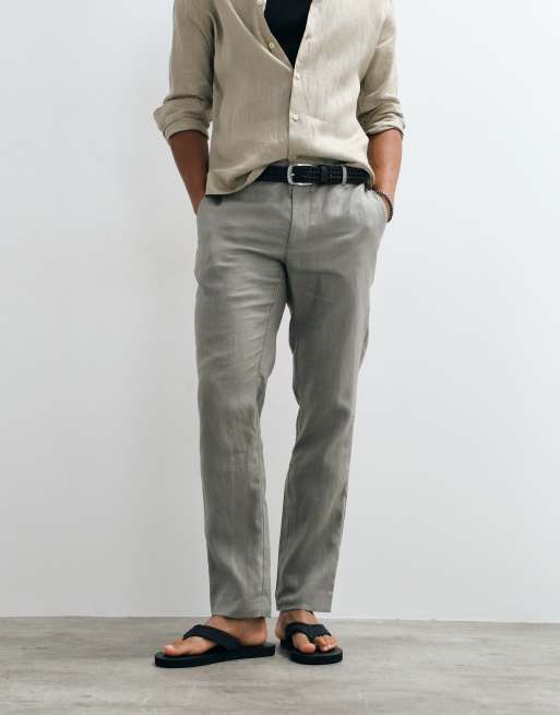 Mango 100% linen tapered trousers in stone grey, 4 of 5