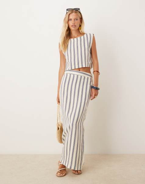 Mango 100% linen textured top and skirt set in mono stripe - view 1