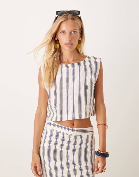 Mango 100% linen textured top co-ord in mono stripe - view 1