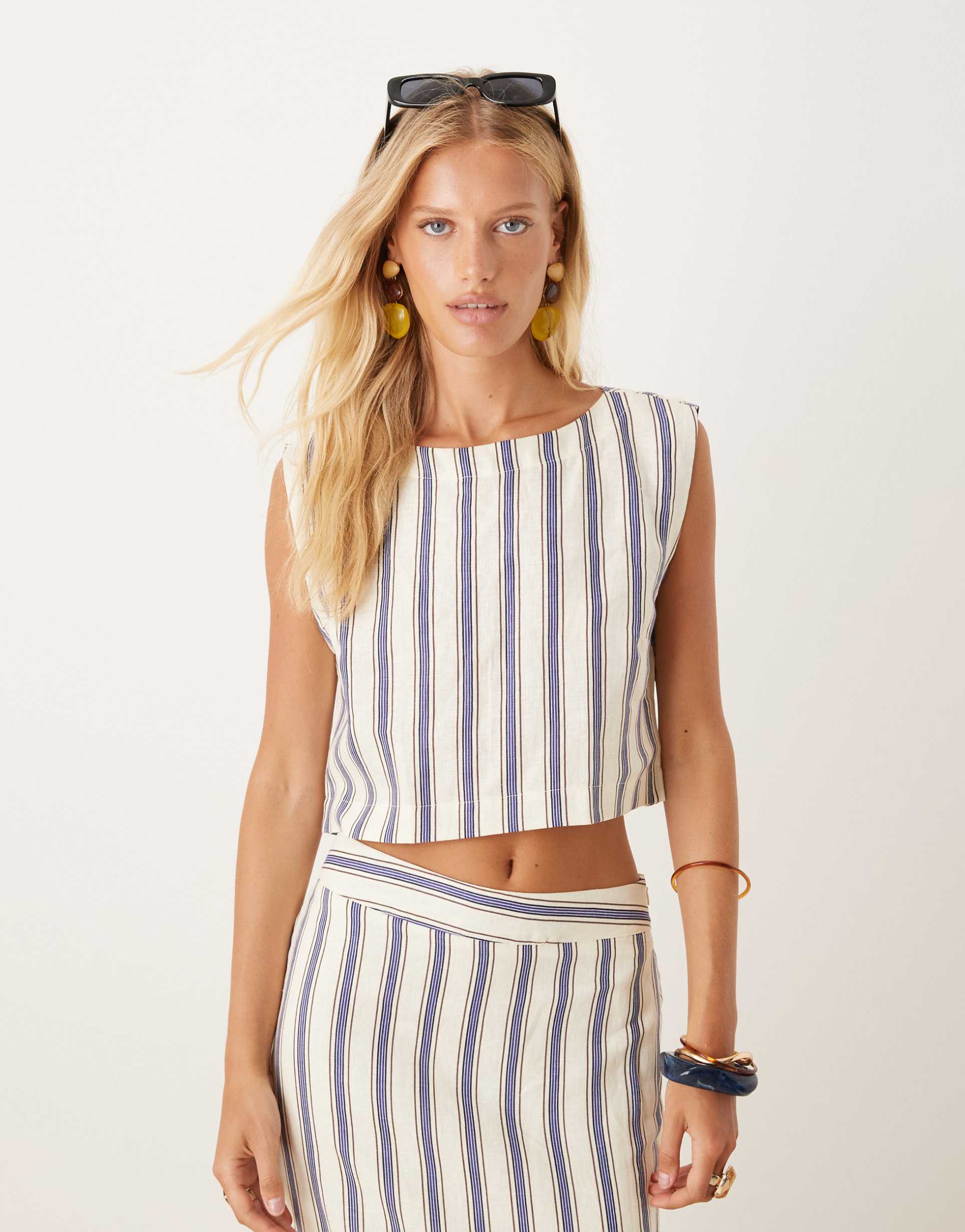 mango 100% linen textured top in monochrome stripes - part of a set