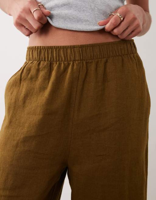 Mango 100% linnen broek in kaki, 4 van 5