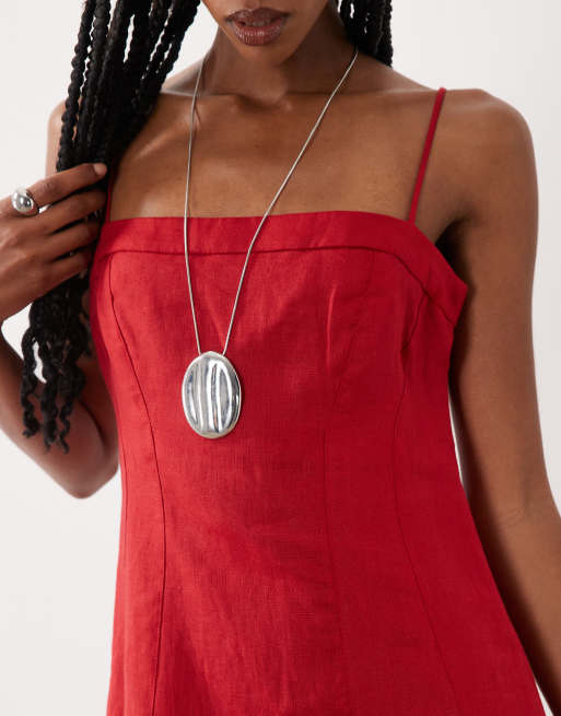 Mango - 100% linnen maxi jurk met bandjes in rood, 3 van 4