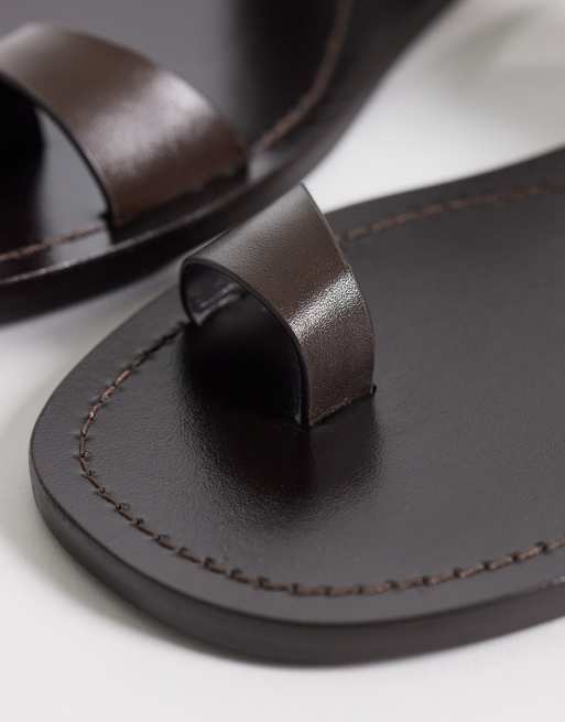 Mango - 100% platte sandalen van leer met teendetail in chocoladebruin, 3 van 4