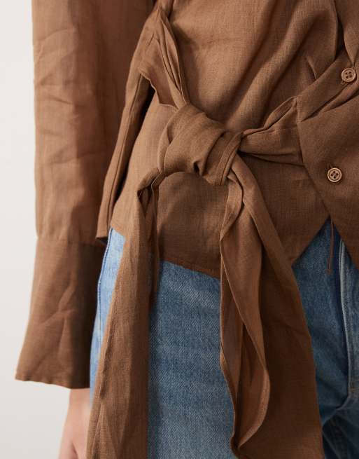 Mango – 100% ramie – Brun skjorta med knytning i midjan, 3 av 4