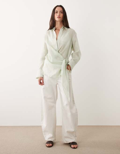 Mango 100% ramie shirt with tie waist in pale green, 2 of 4