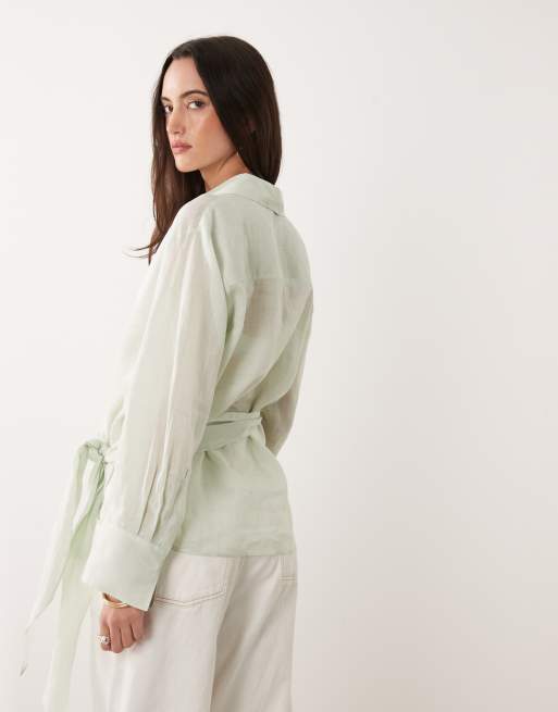 Mango 100% ramie shirt with tie waist in pale green, 4 of 4