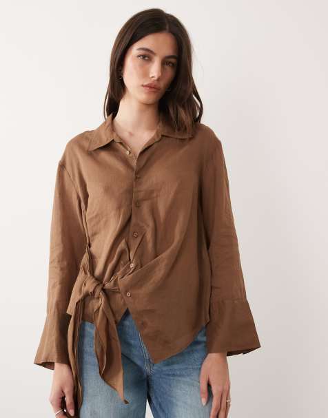 Mango 100% ramie tie waist shirt in brown - view 1