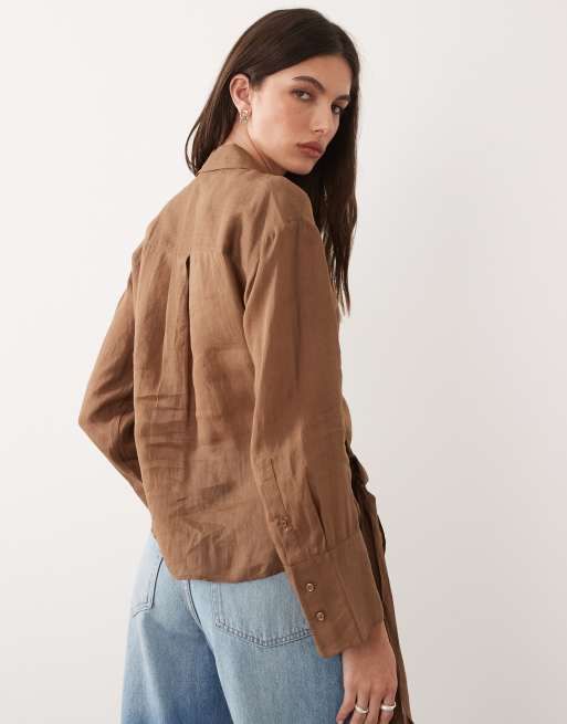 Mango 100% ramie tie waist shirt in brown, 4 of 4
