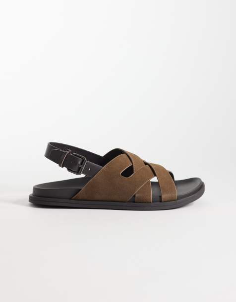 Mango 100% suede cross strap design sandals with buckle detailing in brown - view 1