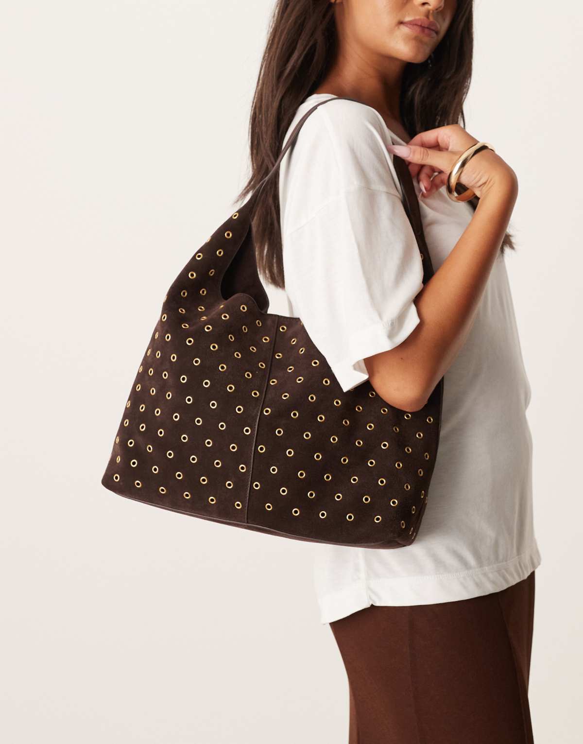 Mango 100% suede eyelet large shoulder bag in dark brown