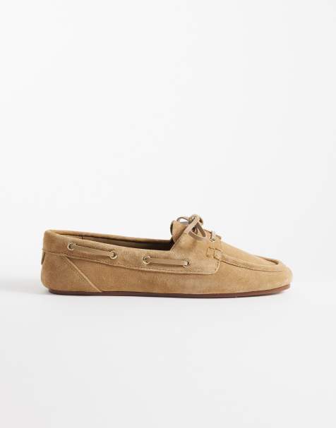 Mango 100% suede leather boat shoes in sand - view 1