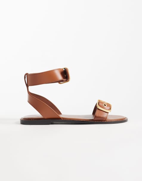 Mango 100% suede leather buckle detail flat sandal in brown - view 1