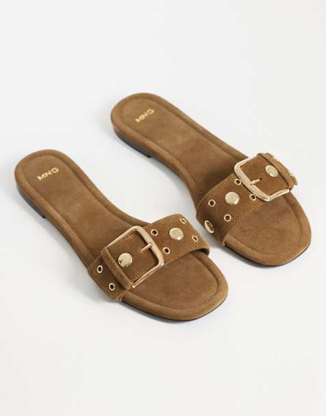 Mango 100% suede leather buckle detail flat slides in tan - view 1