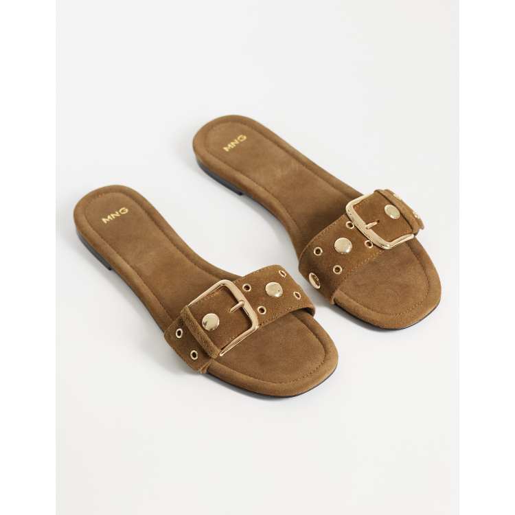 Mango 100% suede leather buckle detail flat slides in tan | ASOS display picture 2
