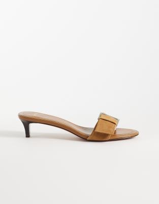 Mango 100% Suede Leather Buckle Detail Kitten Heeled Mules In Brown